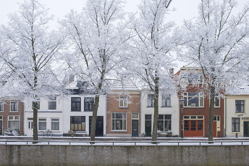 荷兰运河房屋在Kampen, Overijssel与积雪覆盖的树木